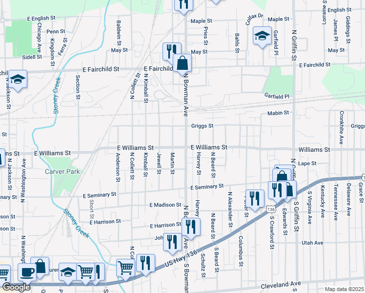 map of restaurants, bars, coffee shops, grocery stores, and more near 600 North Bowman Avenue in Danville