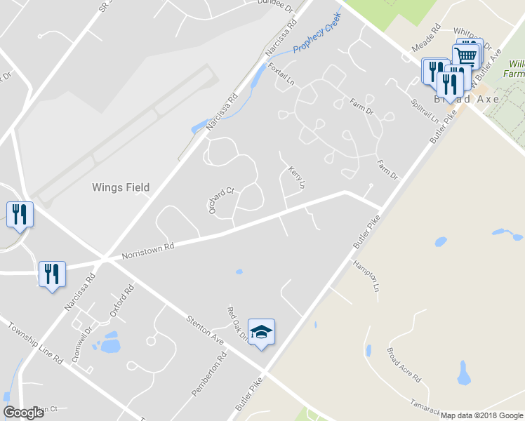 map of restaurants, bars, coffee shops, grocery stores, and more near 127 Evergreen Court in Blue Bell
