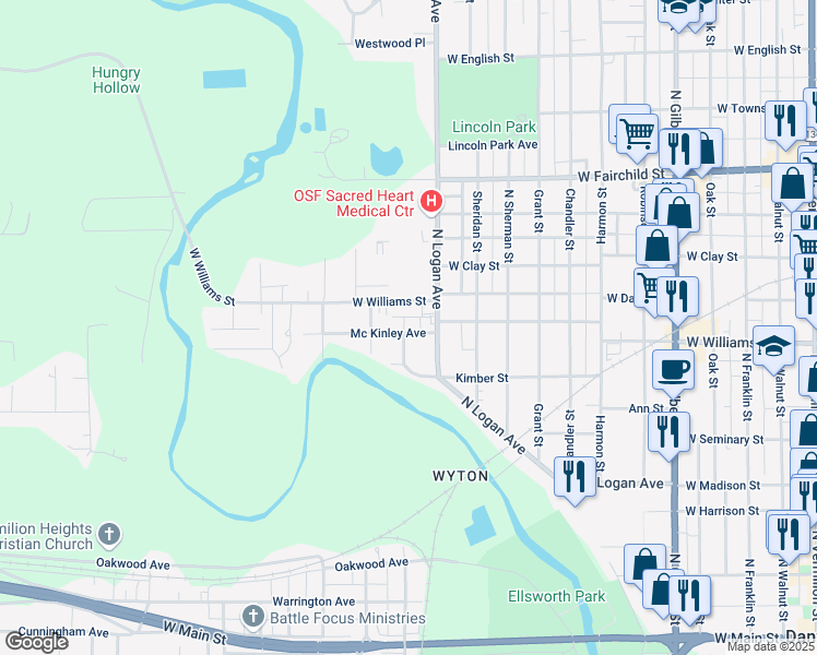 map of restaurants, bars, coffee shops, grocery stores, and more near 1201 Mc Kinley Avenue in Danville