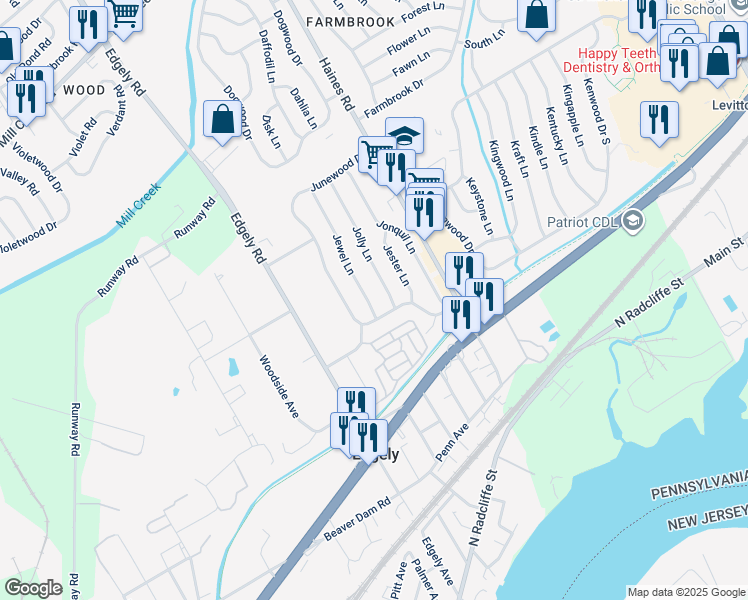 map of restaurants, bars, coffee shops, grocery stores, and more near 10 Jewel Lane in Levittown