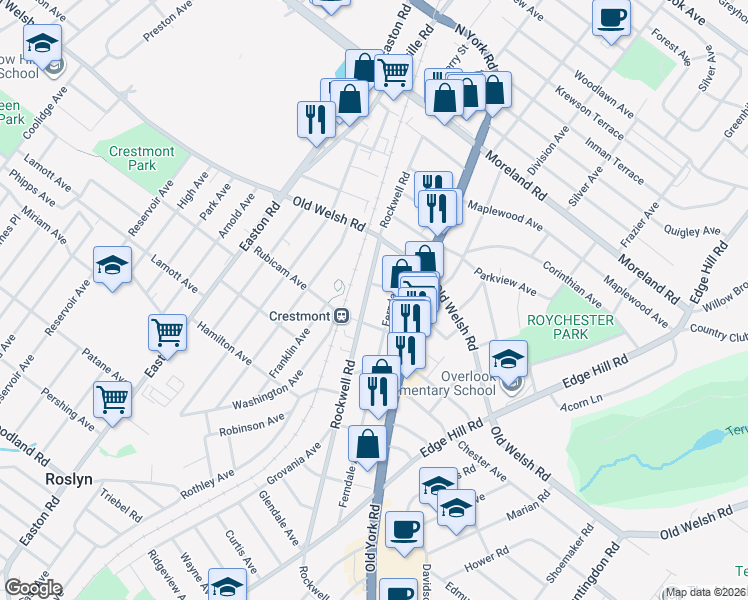 map of restaurants, bars, coffee shops, grocery stores, and more near 1765 Rockwell Road in Abington