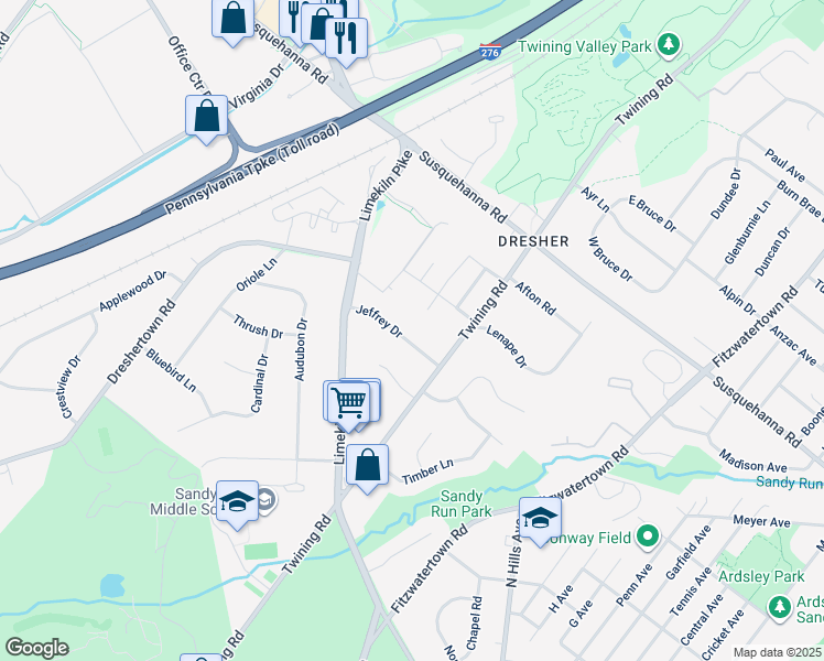 map of restaurants, bars, coffee shops, grocery stores, and more near 3317 Jeffrey Drive in Dresher