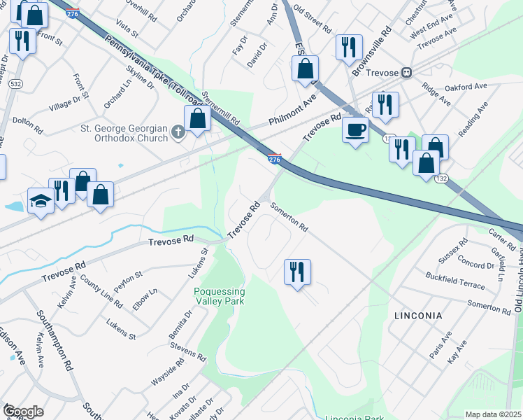 map of restaurants, bars, coffee shops, grocery stores, and more near 1 Beechwood Boulevard in Bucks County