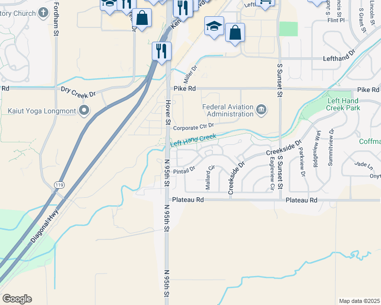 map of restaurants, bars, coffee shops, grocery stores, and more near 2200 Watersong Circle in Longmont