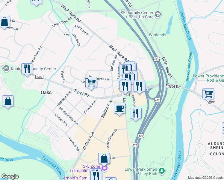 map of restaurants, bars, coffee shops, grocery stores, and more near 405 Laurel Lane in Norristown