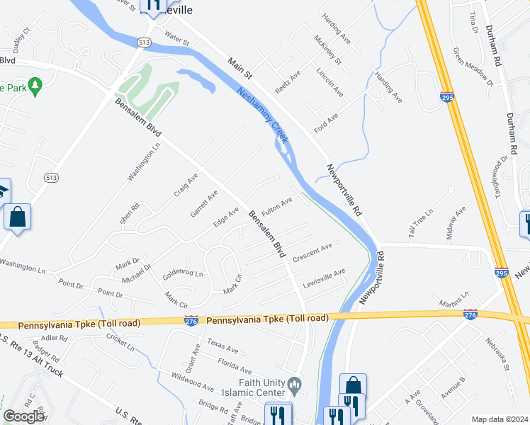 map of restaurants, bars, coffee shops, grocery stores, and more near 6328 Fulton Avenue in Bensalem