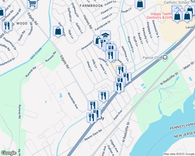 map of restaurants, bars, coffee shops, grocery stores, and more near 10 Jewel Lane in Levittown