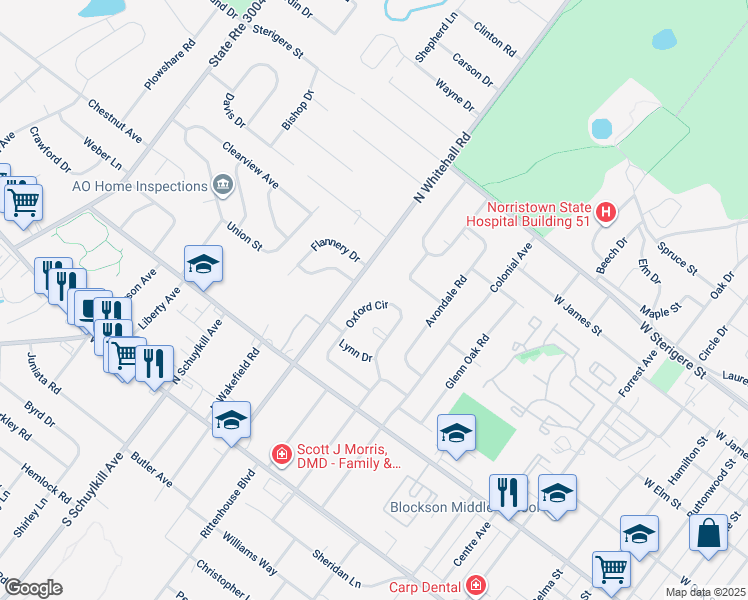 map of restaurants, bars, coffee shops, grocery stores, and more near 146 Oxford Cir in Eagleville