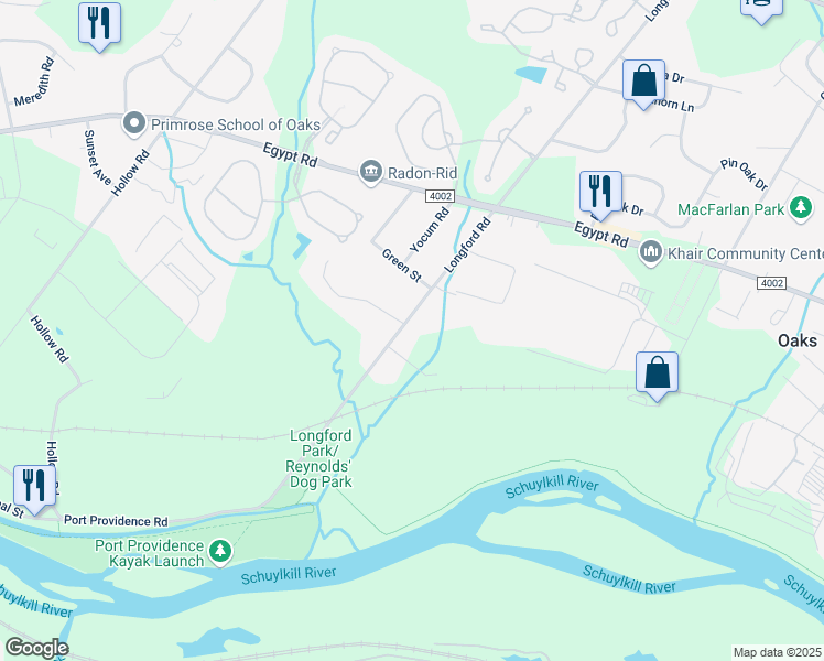 map of restaurants, bars, coffee shops, grocery stores, and more near 1110 Longford Road in Phoenixville