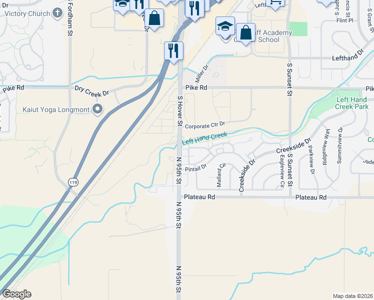 map of restaurants, bars, coffee shops, grocery stores, and more near 2229 Watersong Circle in Longmont