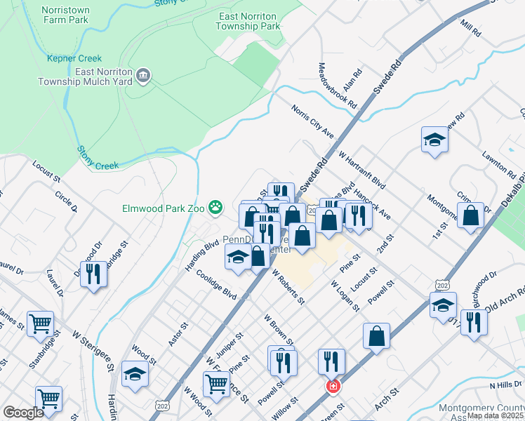map of restaurants, bars, coffee shops, grocery stores, and more near 405 West Logan Street in Norristown