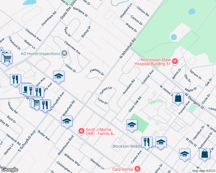 map of restaurants, bars, coffee shops, grocery stores, and more near 146 Oxford Circle in Eagleville