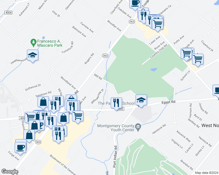 map of restaurants, bars, coffee shops, grocery stores, and more near 316 Willowbrook Drive in Norristown