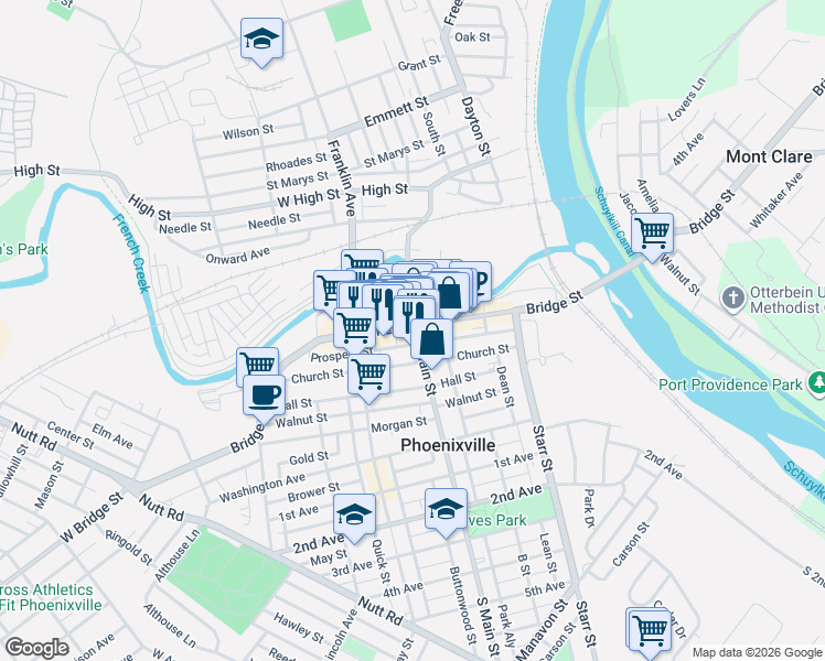 map of restaurants, bars, coffee shops, grocery stores, and more near in Phoenixville