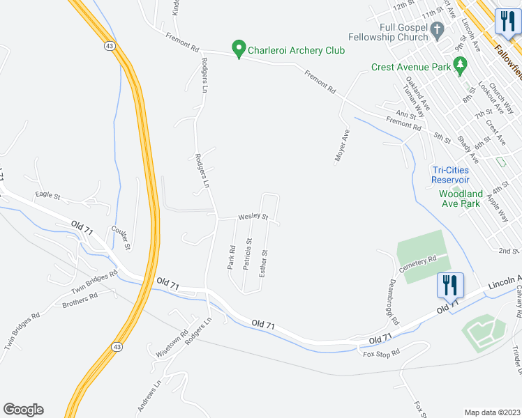 map of restaurants, bars, coffee shops, grocery stores, and more near 2 Christine Lane in Charleroi