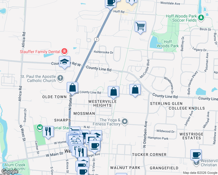 map of restaurants, bars, coffee shops, grocery stores, and more near 140 Old County Line Road in Westerville