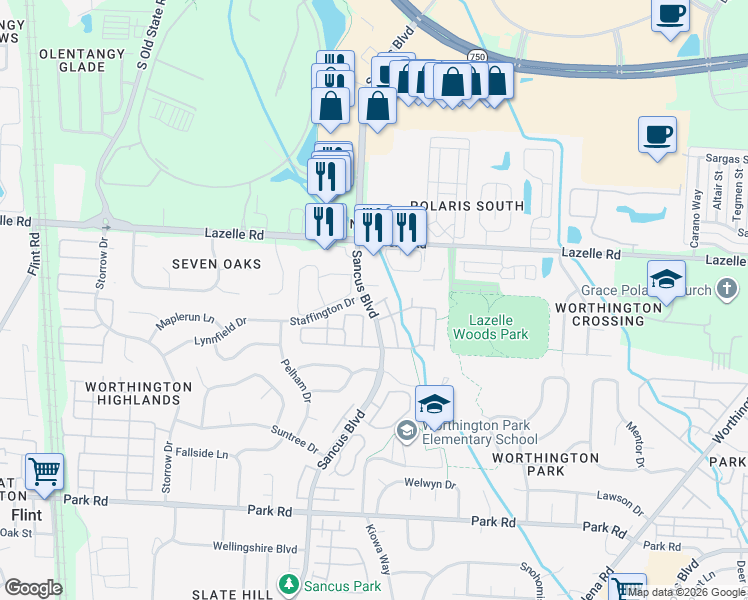 map of restaurants, bars, coffee shops, grocery stores, and more near 8226 Baltimore Avenue in Columbus