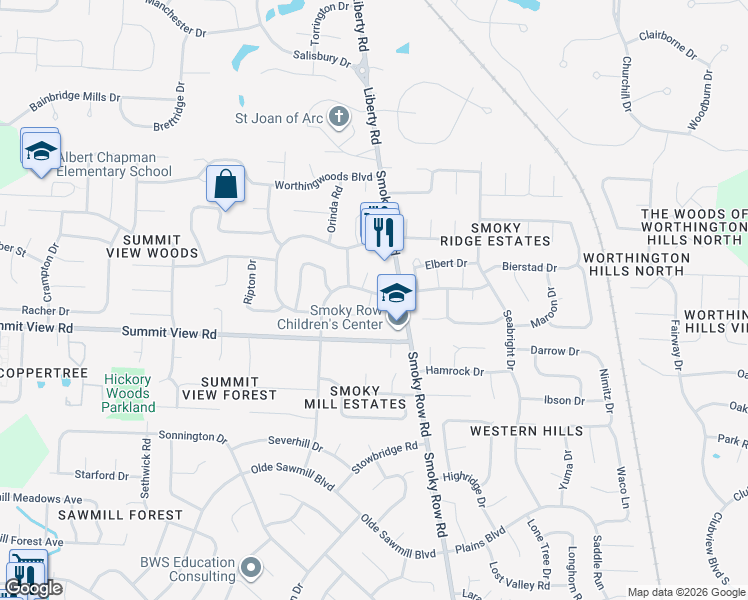 map of restaurants, bars, coffee shops, grocery stores, and more near 2063 Summit Row Boulevard in Powell