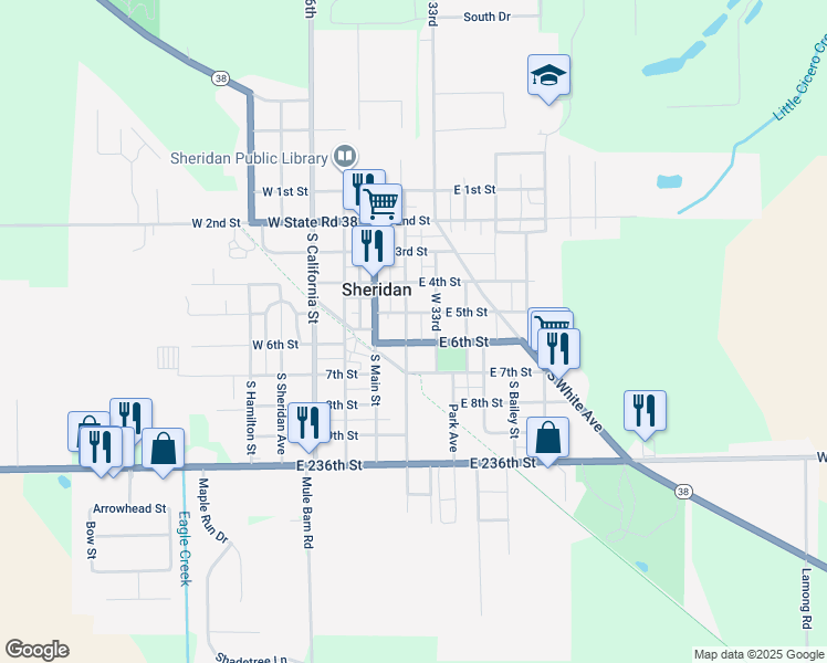map of restaurants, bars, coffee shops, grocery stores, and more near 504 South Adams Street in Sheridan