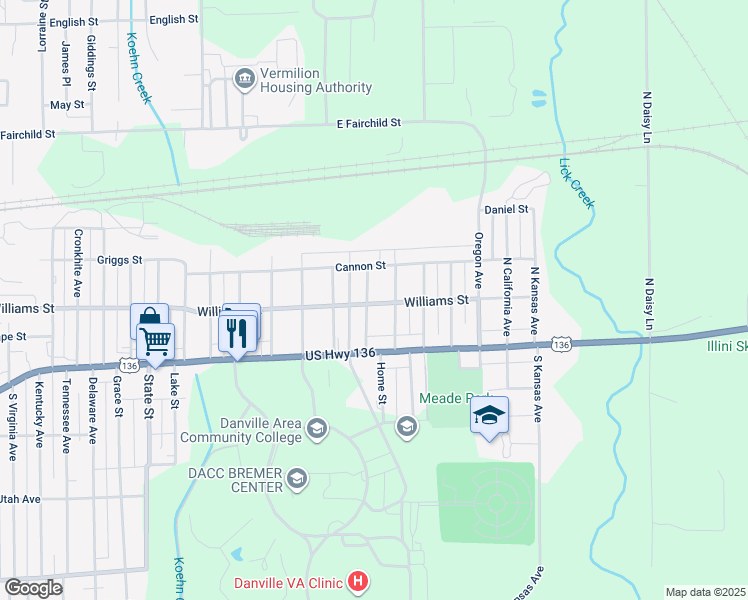 map of restaurants, bars, coffee shops, grocery stores, and more near 2437-2499 Williams Street in Danville