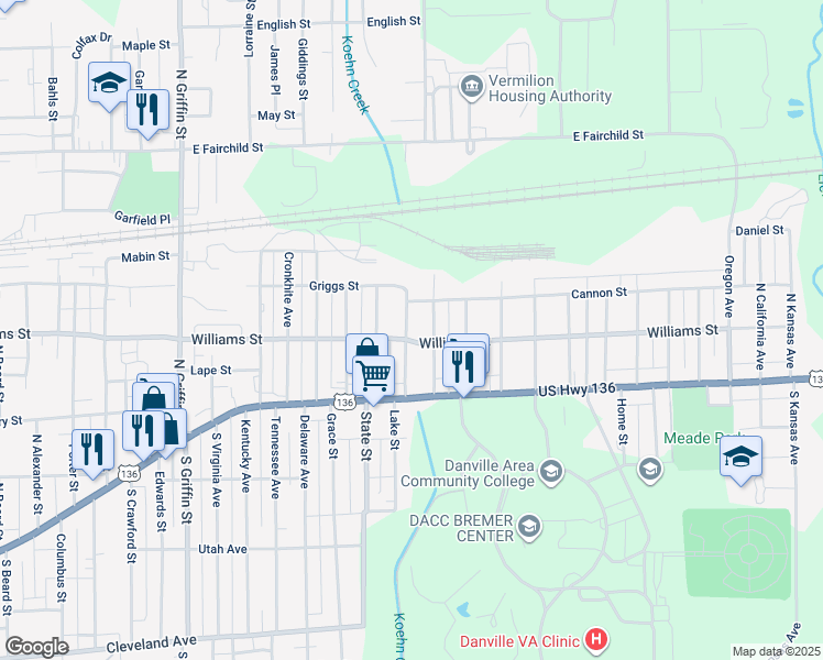 map of restaurants, bars, coffee shops, grocery stores, and more near 100-112 National Avenue in Danville