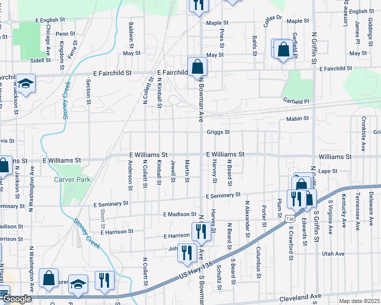 map of restaurants, bars, coffee shops, grocery stores, and more near 600-698 North Bowman Avenue in Danville