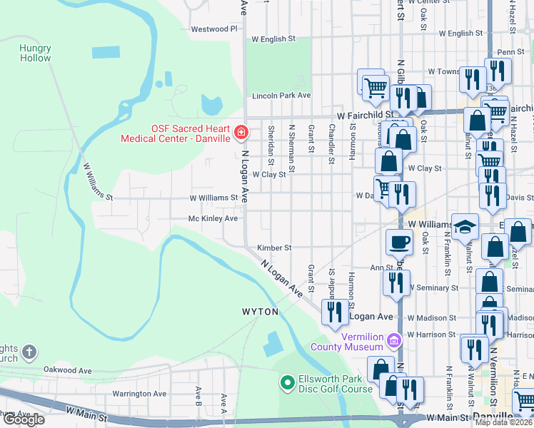 map of restaurants, bars, coffee shops, grocery stores, and more near 600 North Sheridan Street in Danville
