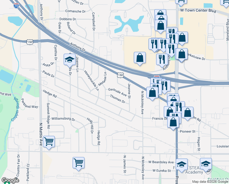 map of restaurants, bars, coffee shops, grocery stores, and more near 1210 Gertrude Avenue in Champaign