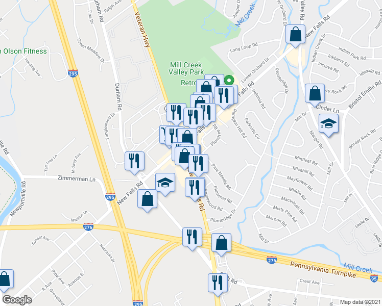 map of restaurants, bars, coffee shops, grocery stores, and more near 4362 New Falls Road in Levittown