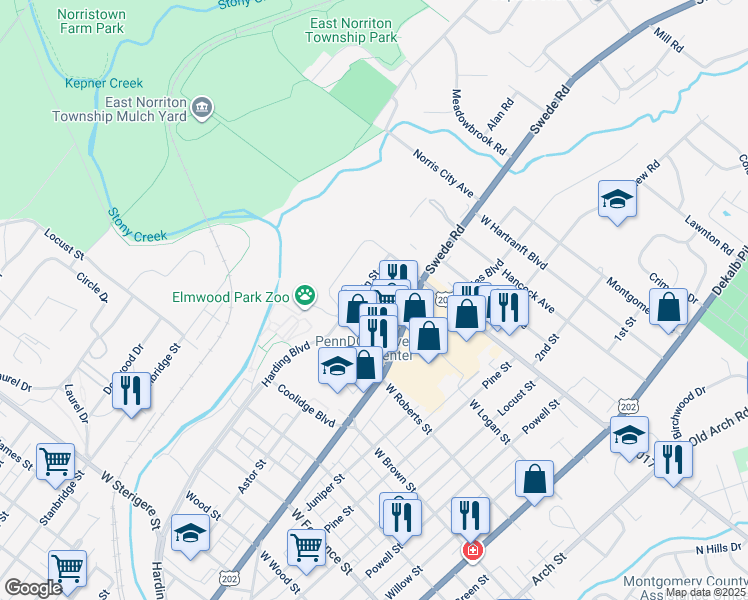 map of restaurants, bars, coffee shops, grocery stores, and more near 405 West Logan Street in Norristown