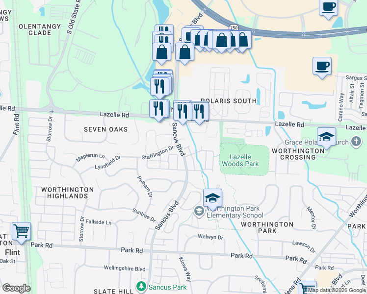 map of restaurants, bars, coffee shops, grocery stores, and more near 8226 Baltimore Avenue in Columbus