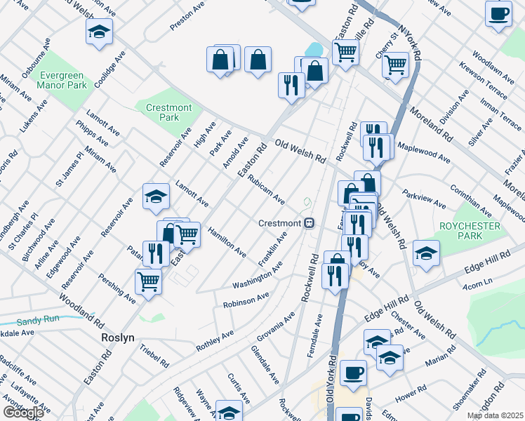 map of restaurants, bars, coffee shops, grocery stores, and more near 1659 Fairview Avenue in Willow Grove