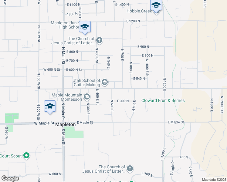 map of restaurants, bars, coffee shops, grocery stores, and more near 380 North 600 East in Mapleton