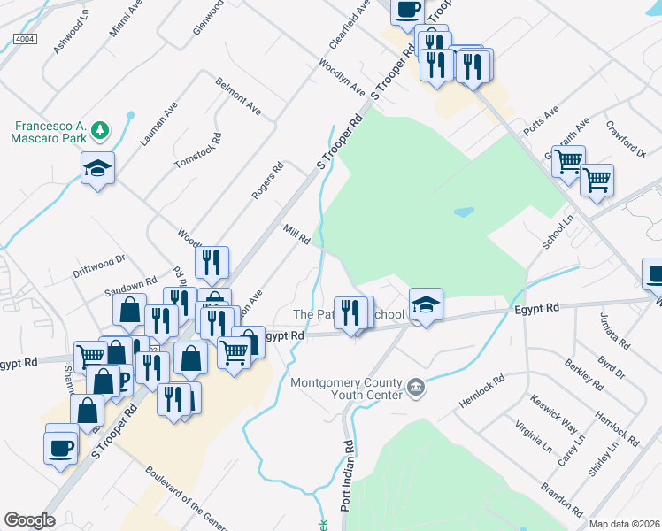 map of restaurants, bars, coffee shops, grocery stores, and more near 76 Willowbrook Drive in Norristown