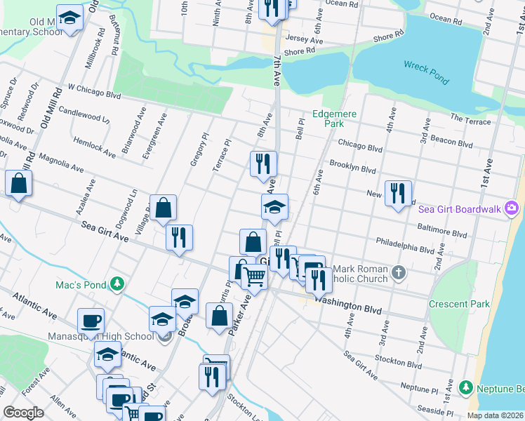 map of restaurants, bars, coffee shops, grocery stores, and more near 701 Philadelphia Boulevard in Sea Girt