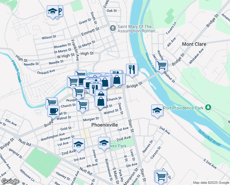 map of restaurants, bars, coffee shops, grocery stores, and more near 101 Bridge Street in Phoenixville