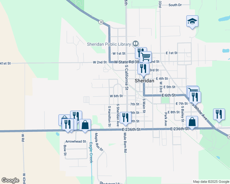 map of restaurants, bars, coffee shops, grocery stores, and more near 411 Elm Avenue in Sheridan