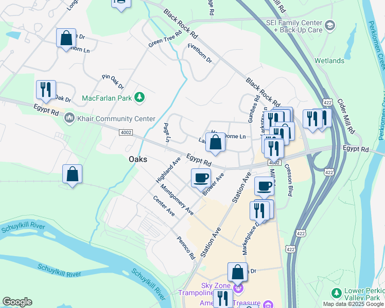 map of restaurants, bars, coffee shops, grocery stores, and more near 1206 Egypt Road in Phoenixville