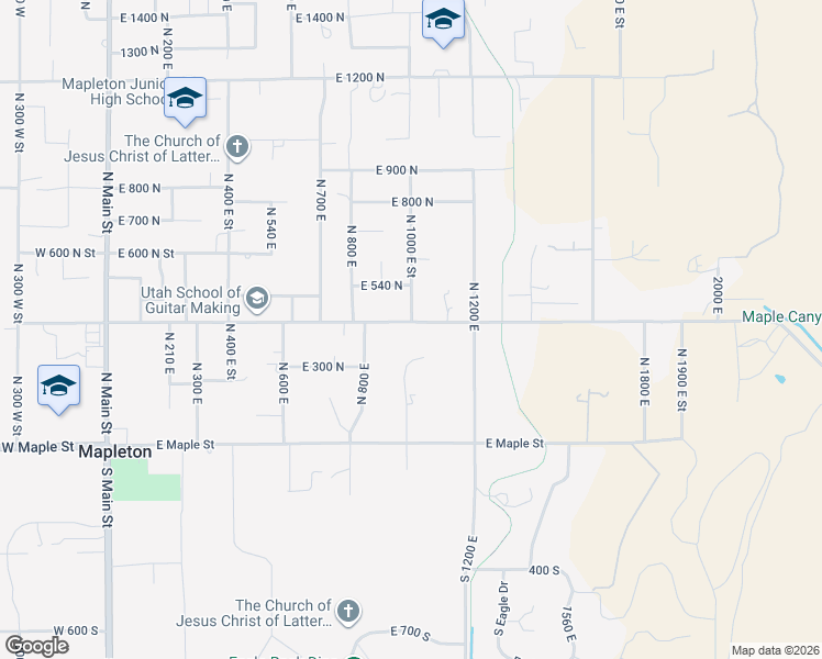 map of restaurants, bars, coffee shops, grocery stores, and more near 990 East 400 North Street in Mapleton