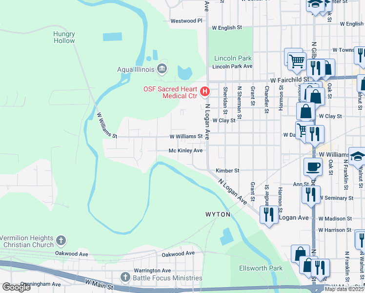 map of restaurants, bars, coffee shops, grocery stores, and more near 1201-1299 Mc Kinley Avenue in Danville