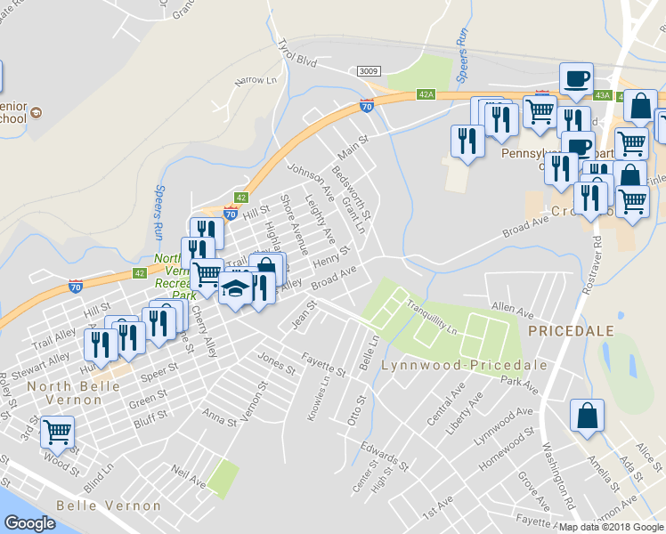 map of restaurants, bars, coffee shops, grocery stores, and more near 1116 Henry Street in Belle Vernon