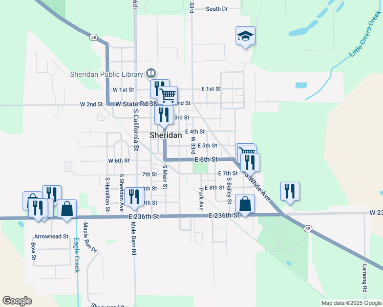 map of restaurants, bars, coffee shops, grocery stores, and more near 504 South Adams Street in Sheridan