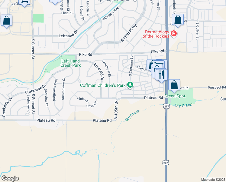 map of restaurants, bars, coffee shops, grocery stores, and more near 1020 Confidence Drive in Longmont