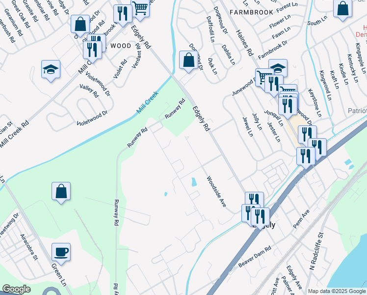 map of restaurants, bars, coffee shops, grocery stores, and more near 74 Woodside Avenue in Levittown