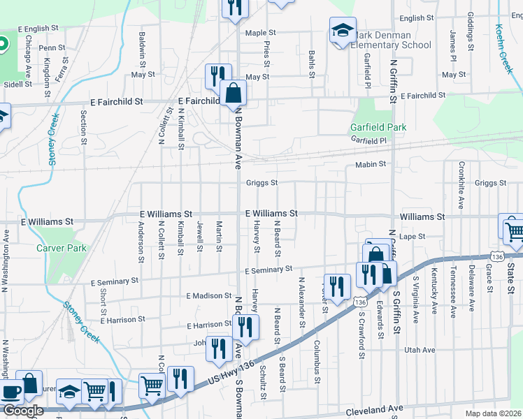 map of restaurants, bars, coffee shops, grocery stores, and more near 601 Harvey Street in Danville