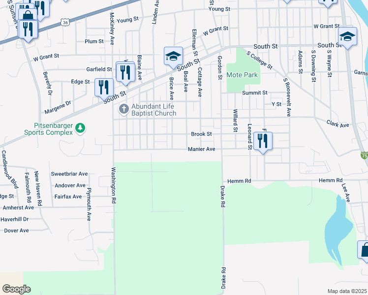 map of restaurants, bars, coffee shops, grocery stores, and more near 998 Boal Avenue in Piqua