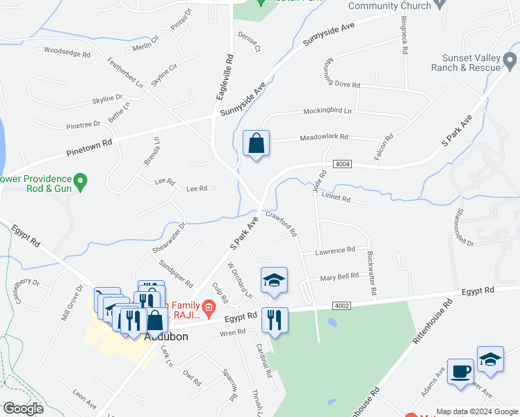 map of restaurants, bars, coffee shops, grocery stores, and more near 876 South Park Avenue in Audubon