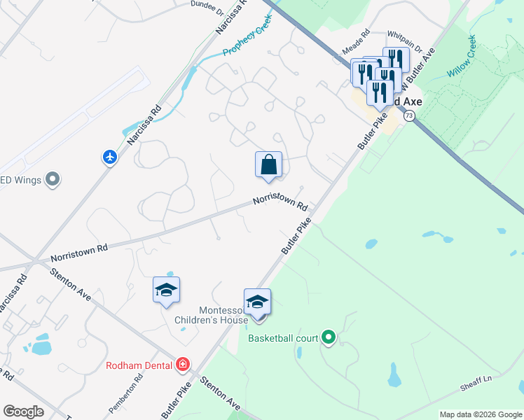 map of restaurants, bars, coffee shops, grocery stores, and more near 46 Norristown Road in Blue Bell