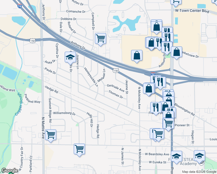 map of restaurants, bars, coffee shops, grocery stores, and more near 1221 Gertrude Ave in Champaign