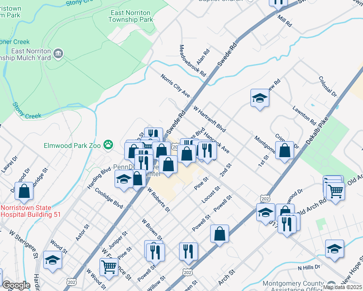 map of restaurants, bars, coffee shops, grocery stores, and more near 365 West Johnson Highway in East Norriton
